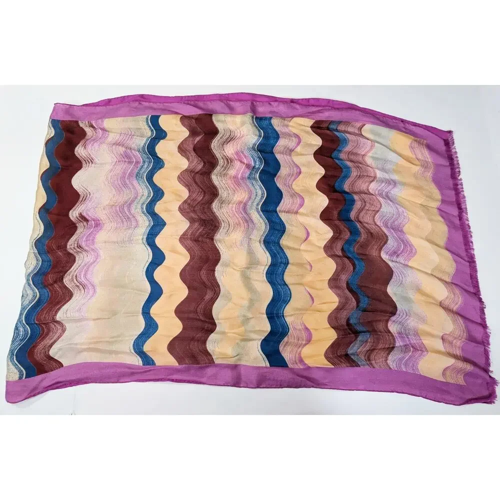 Missoni Foulard Silk Scarf Wrap Purple Waves Print Rectangular 76 x 26